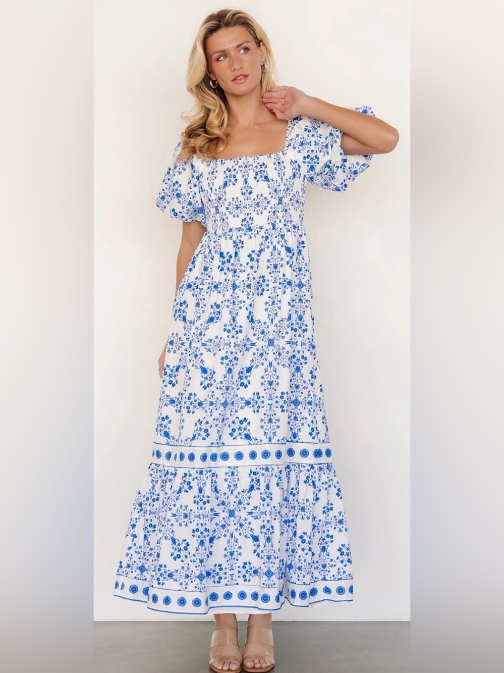 Sugarlips White and Blue Floral Puff Sleeves Boho Summer Maxi Dress